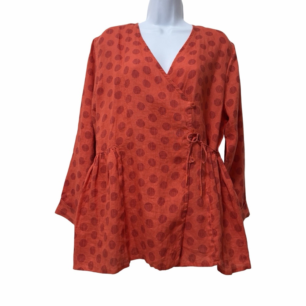 Gudrun Sjoden Piccolo Polka Dot 100% Linen Side Tie Wrap Top Size L Orange Boho